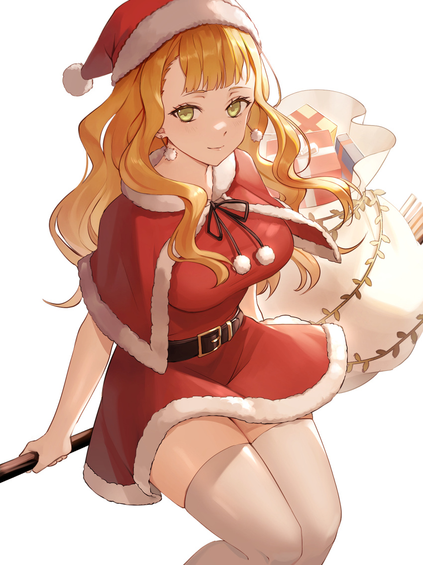 1girl bangs belt black_clover blunt_bangs broom broom_riding capelet christmas christmas_present closed_mouth dress earrings fur-trimmed_capelet fur-trimmed_dress fur_trim gift green_eyes hat highres jewelry long_hair looking_at_viewer mimosa_vermillion orange_hair plant red_capelet red_dress santa_costume santa_hat smile solo thighhighs tsugutoku vines wavy_hair white_background white_bag white_thighhighs