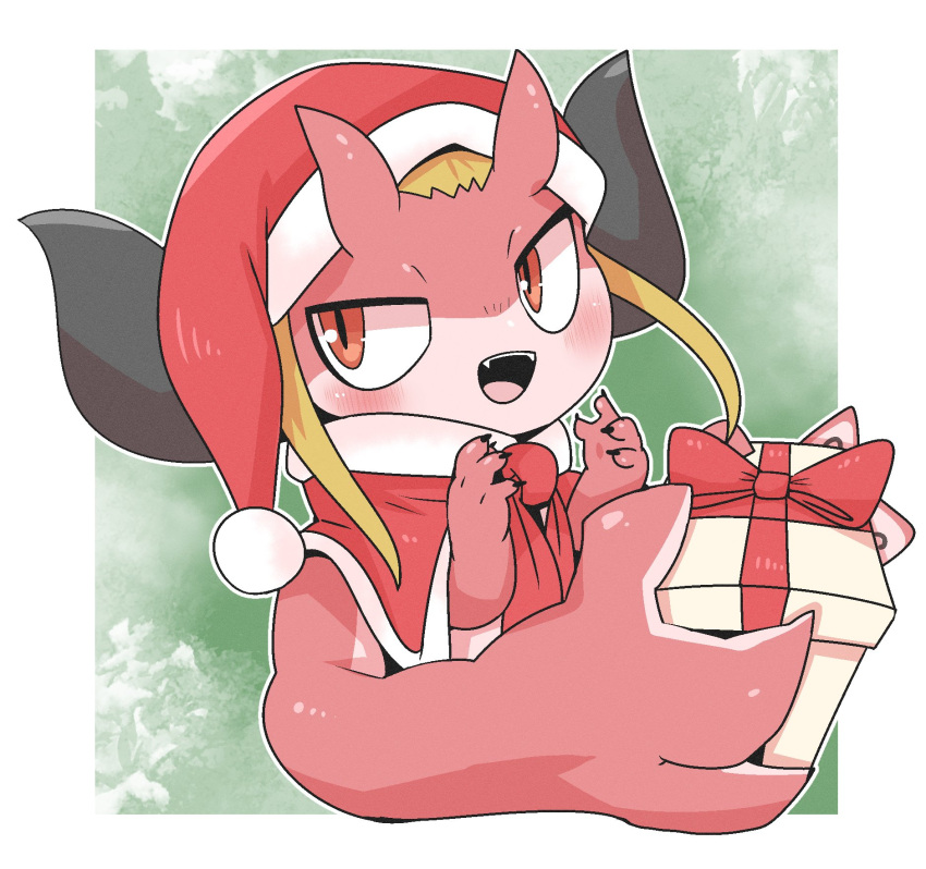 ambiguous_gender anthro blonde_hair blush christmas christmas_clothing christmas_headwear clothed clothing countershading doneru dragon fangs gidoniko_(doneru) gift hair hat headgear headwear hi_res holding_gift holding_object holidays horn looking_away multi_arm multi_limb red_body santa_hat scalie simple_background solo teeth young