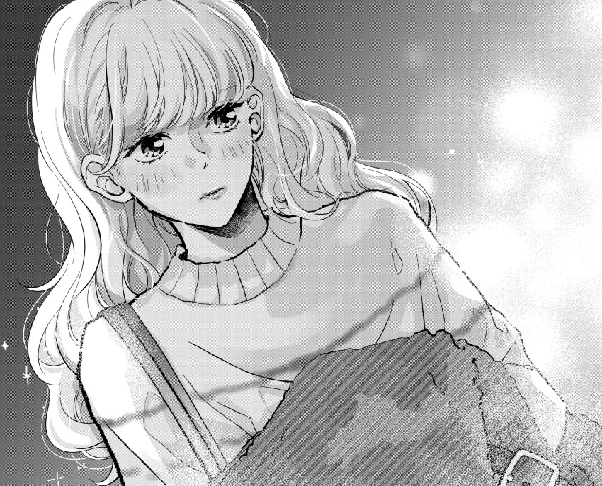 1girl bangs belt casual closed_mouth coat coat_removed commentary_request dutch_angle expressionless gradient gradient_background greyscale halftone highres holding holding_clothes holding_coat lips long_hair long_sleeves looking_away monochrome original saitou_shiori_(pixiv14549321) santa_costume solo strap sweater upper_body wavy_hair