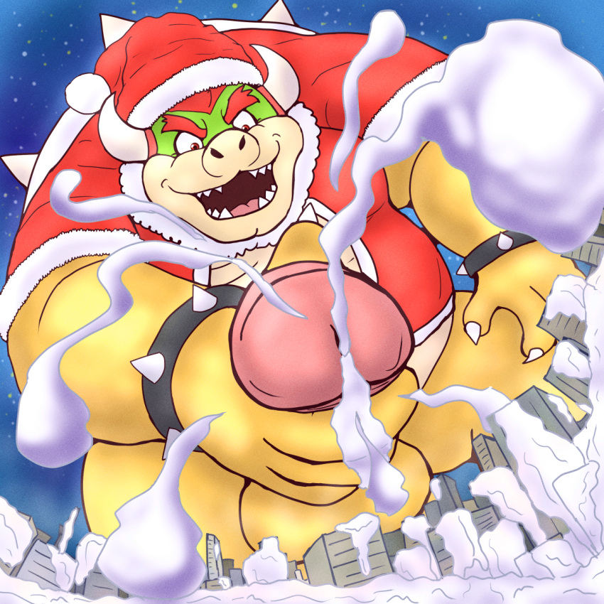 2022 anthro balls bodily_fluids bowser christmas christmas_clothing christmas_headwear clothing cum ejaculation erection genital_fluids genitals hat headgear headwear hi_res holidays kemono koopa macro male mario_bros nintendo overweight overweight_male penis santa_claus santa_hat scalie solo usikuma6