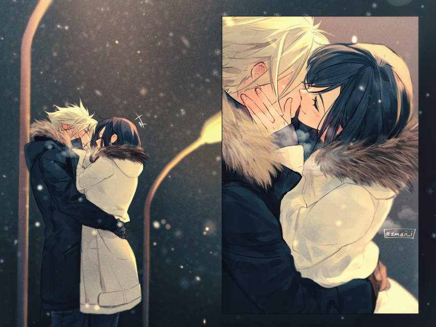 1boy 1girl bangs black_coat black_gloves black_hair blonde_hair blush breath closed_eyes closed_mouth cloud_strife coat commentary couple cowboy_shot earrings final_fantasy final_fantasy_vii final_fantasy_vii_remake fur-trimmed_coat fur_trim gloves hands_on_another's_face highres hug jewelry kiss lamppost long_hair maiii_(smaii_i) night outdoors single_earring smile snow snowing spiked_hair standing swept_bangs symbol-only_commentary tifa_lockhart twitter_username upper_body white_coat winter_clothes