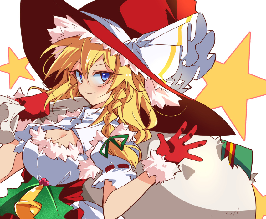 1girl blonde_hair blue_eyes braid breasts cleavage closed_mouth fur_trim gift gloves hat highres holding holding_sack ichimura_kanata kirisame_marisa large_breasts long_hair looking_at_viewer red_gloves red_headwear sack side_braid single_braid smile solo star_(symbol) torn_sack touhou upper_body white_background witch_hat