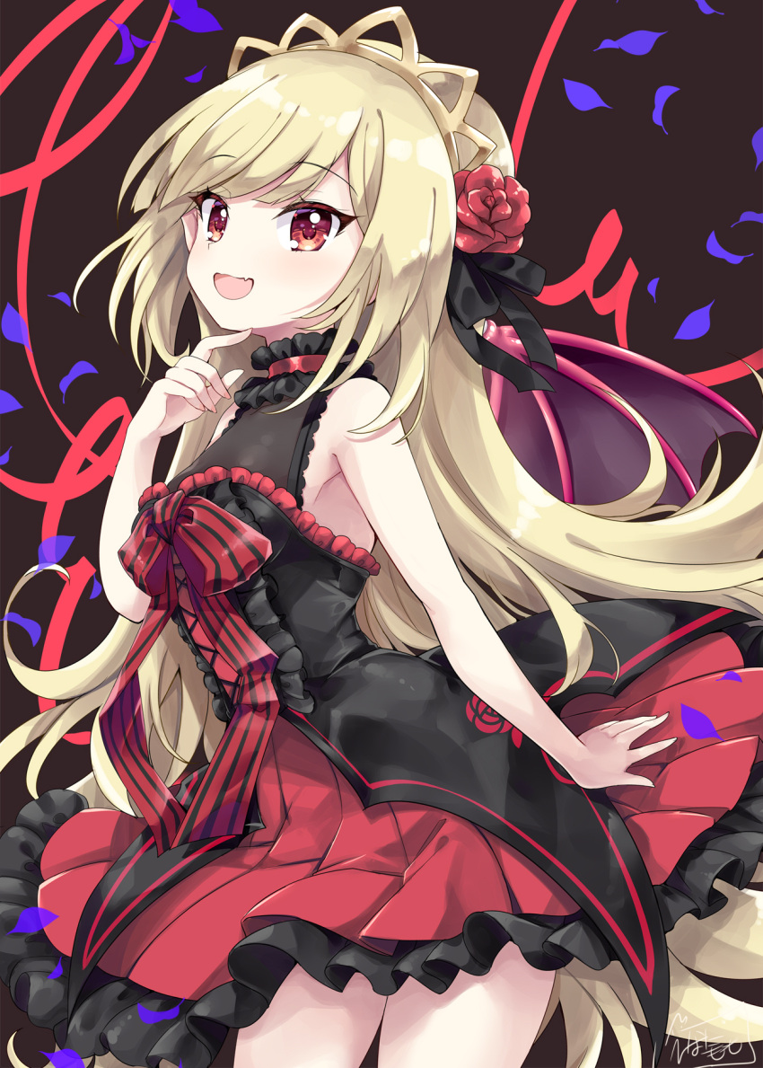 1girl :d bangs black_background black_dress blonde_hair center_frills commentary_request cowboy_shot dress ecute flower frilled_dress frills hair_flower hair_ornament hand_up highres hinata_momo jashin-chan_dropkick leaning_forward long_hair looking_at_viewer petals pleated_dress red_dress red_eyes red_flower red_rose rose signature sleeveless sleeveless_dress smile solo standing very_long_hair