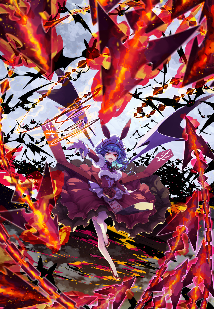 1girl :d \||/ bat_(animal) bat_wings blue_hair chain commentary commission curiosities_of_lotus_asia detached_sleeves dress fire full_body fur-trimmed_dress fur-trimmed_sleeves fur_trim hat highres long_hair looking_at_viewer official_alternate_costume open_mouth red_dress red_eyes red_footwear red_sleeves remilia_scarlet sakuraba_yuuki skeb_commission sleeve_cuffs smile solo standing standing_on_one_leg thighhighs touhou white_headwear white_thighhighs wings