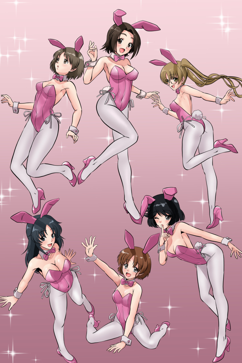 6+girls animal_ears ass bare_shoulders black_hair blonde_hair blue_eyes blush bow bowtie breasts brown_eyes brown_hair cleavage collarbone covered_navel detached_collar fake_animal_ears fake_tail finger_to_mouth girls_und_panzer groin high_heels highres large_breasts legs leotard long_hair maruyama_saki matsui_yasutsugu medium_breasts multiple_girls one_eye_closed oono_aya open_mouth pantyhose pink_background pink_bow pink_bowtie pink_footwear pink_leotard playboy_bunny rabbit_ears rabbit_tail sakaguchi_karina sawa_azusa short_hair shoulder_blades simple_background small_breasts smile tail thighs twintails utsugi_yuuki white_pantyhose wrist_cuffs yamagou_ayumi