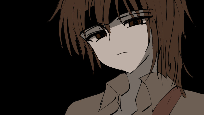 1other androgynous atoymk black_background black_headband brown_eyes brown_hair brown_shirt closed_mouth collared_shirt commentary_request headband kurohebi len'en light_frown looking_down medium_hair other_focus portrait shirt simple_background sketch solo