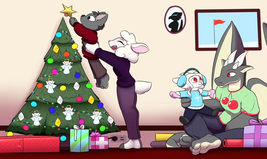 absurd_res anthro black_eyes bovid canid canine canis caprine carrying carrying_person christmas christmas_clothing christmas_decorations christmas_lights christmas_present christmas_tree clothing cute_expression dash_the_raven daughter dragon family father father_and_child father_and_daughter female fur grey_body grey_fur group happy hi_res holding_object holidays hooves horn humanoid jenny_the_lamb jim_the_lamb looking_at_another magnus_the_dragon male mammal mother mother_and_child mother_and_son parent parent_and_child pictures plant red_eyes sheep smile smug son star tree twtr white_body white_fur white_wool wings wolf wolf_(twtr) wool_(fur)