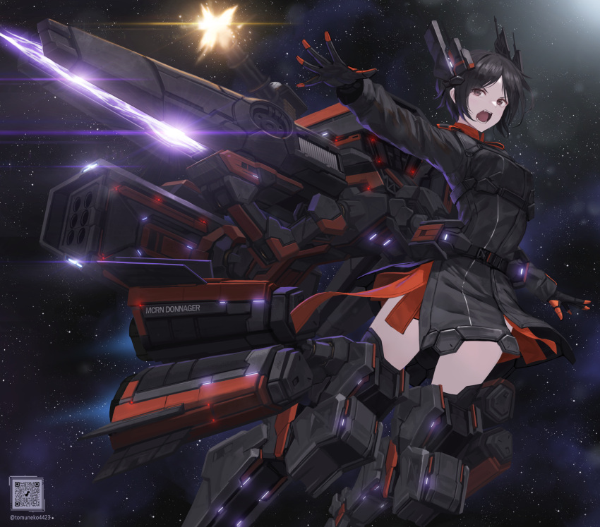 1girl battleship black_hair brown_eyes cannon commentary_request electricity energy english_text firing gatling_gun gloves glowing highres mecha_musume military military_uniform military_vehicle minigun missile_pod muzzle_flash open_mouth outdoors personification qr_code railgun rocket_launcher science_fiction ship solo space spacecraft the_expanse thrusters tom-neko_(zamudo_akiyuki) turret uniform warship watercraft weapon