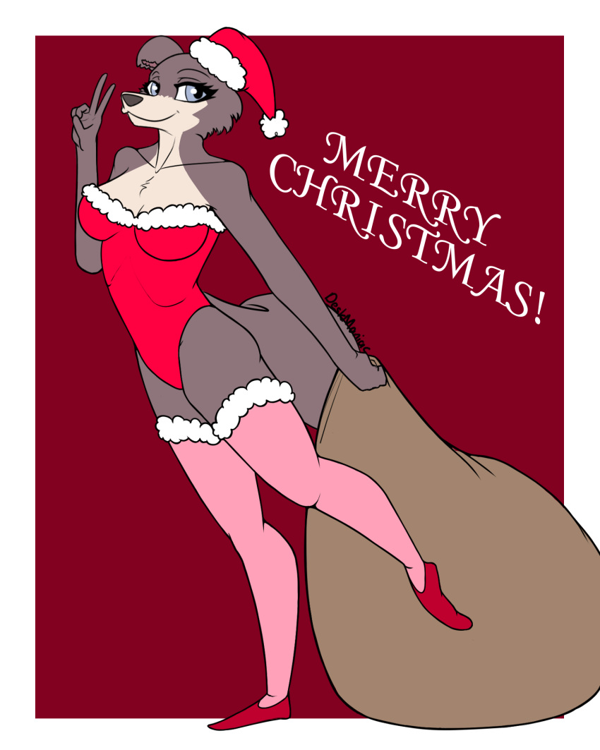 2022 5_fingers anthro beastars black_nose blue_eyes breasts canid canine canis christmas christmas_clothing christmas_headwear cleavage clothed clothing deskmaniac english_text female fingers fur fur_trim_(clothing) gesture grey_body grey_fur hat headgear headwear hi_res holidays humanoid_hands juno_(beastars) leggings legwear leotard mammal sack santa_hat signature smile solo text v_sign wolf