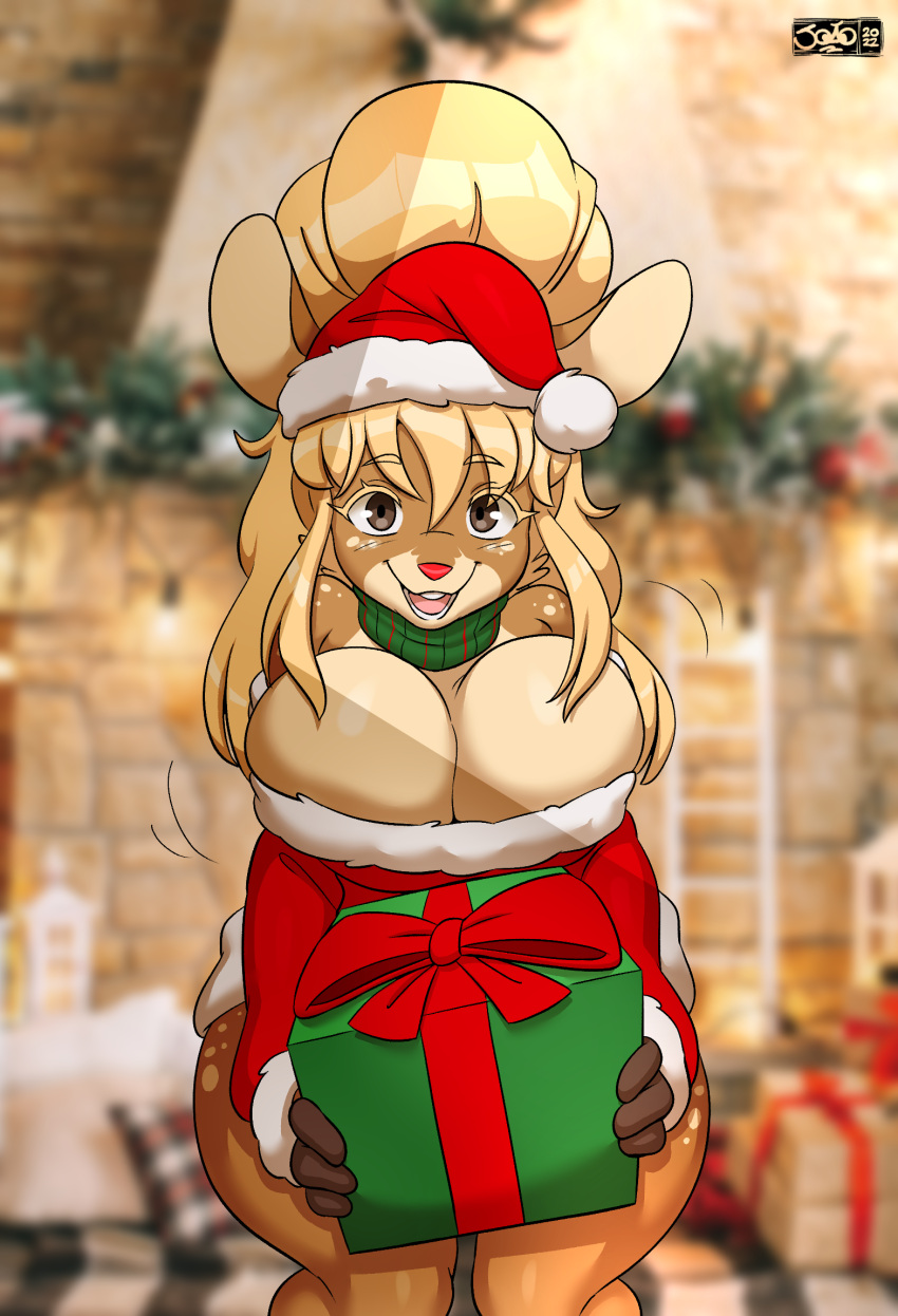 2022 anthro big_breasts blonde_hair blurred_background breasts brown_eyes christmas christmas_clothing christmas_headwear christmas_sweater christmas_topwear cleavage clothed clothing dee_dee_(joaoppereiraus) deer female gift hair hat headgear headwear hi_res holding_gift holding_object holidays huge_breasts joaoppereiraus long_hair looking_at_viewer mammal open_mouth open_smile red_clothing red_nose red_sweater red_topwear santa_hat signature smile solo sweater topwear