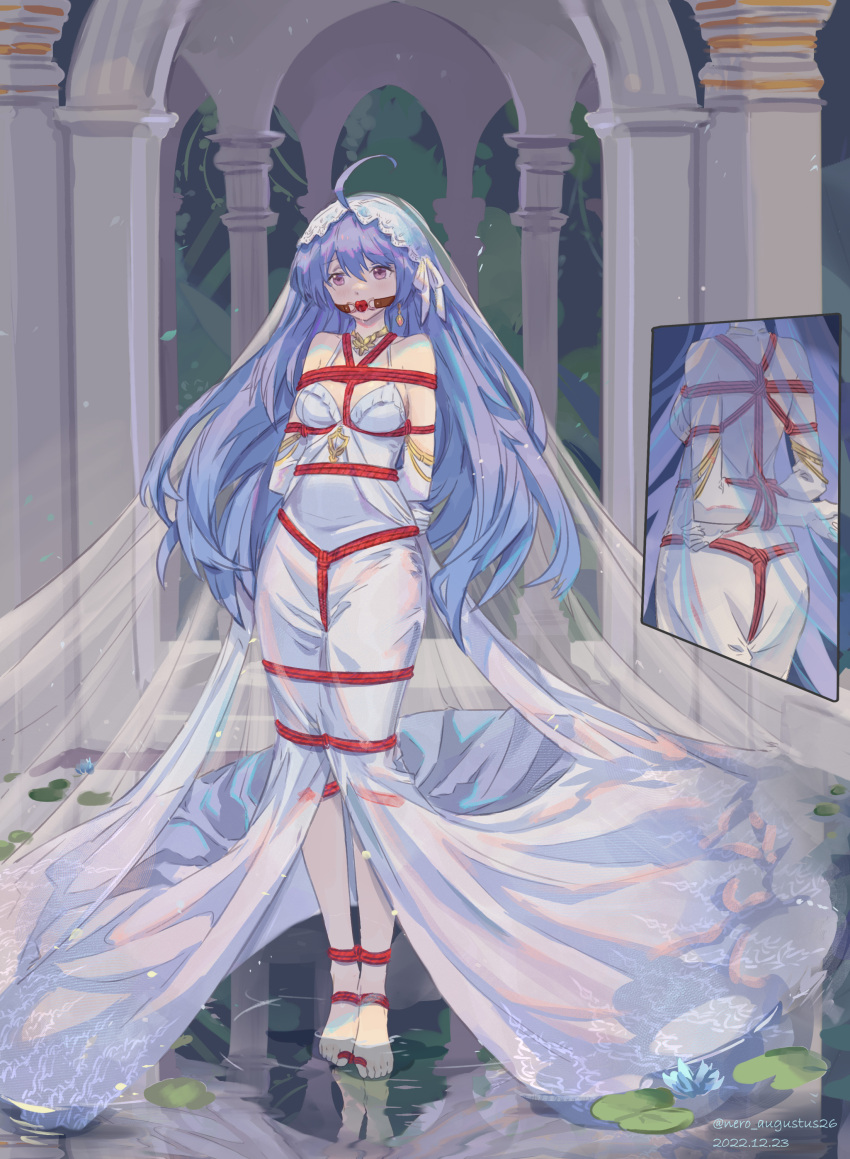 1girl absurdres ahoge arms_behind_back azur_lane ball_gag barefoot bdsm blue_hair bondage bound bound_arms bound_legs bound_toes commentary_request dress earrings flower full_body gag gagged helena_(azur_lane) highres jewelry lily_pad long_hair nero_augustus partially_submerged pillar purple_eyes shibari shibari_over_clothes solo standing veil water_lily_flower white_dress