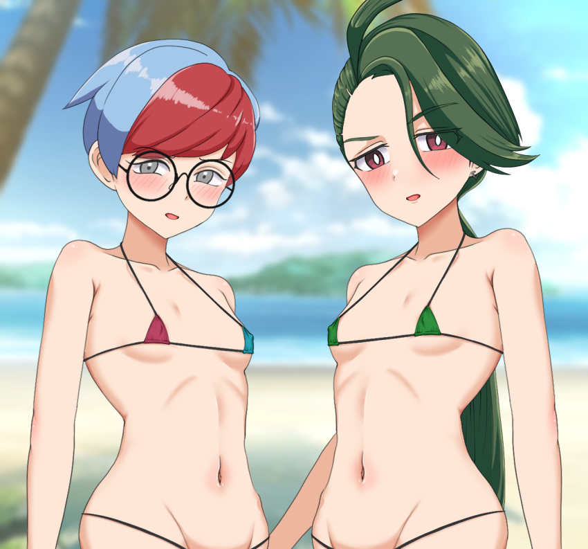 2girls ahoge alternate_costume bangs bikini black-framed_eyewear blue_hair blurry blurry_background blush breasts bright_pupils collarbone commentary_request day earrings glasses green_bikini green_hair grey_eyes hair_between_eyes highres jewelry kenja_panda long_hair looking_at_viewer micro_bikini multicolored_hair multiple_girls navel open_mouth outdoors palm_tree penny_(pokemon) pokemon pokemon_(game) pokemon_sv ponytail red_eyes red_hair rika_(pokemon) round_eyewear short_hair sky small_breasts swimsuit tree two-tone_hair white_pupils