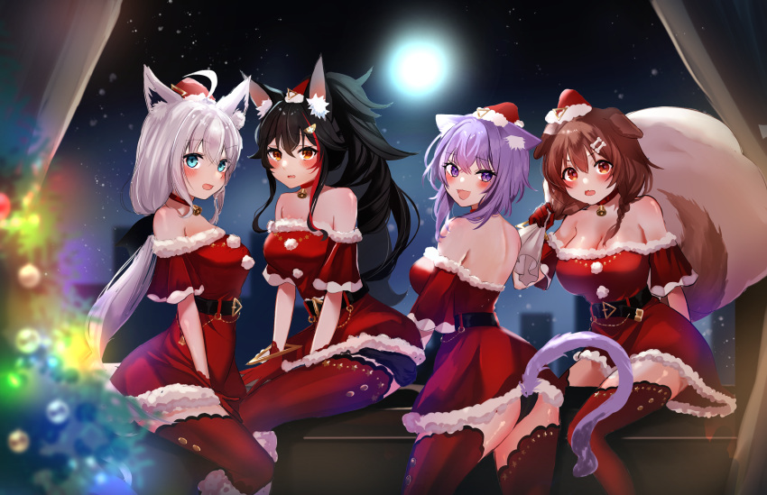 4girls ahoge animal_ears aqua_eyes ass bare_shoulders bell black_hair black_panties breasts brown_eyes brown_hair cat_ears cat_tail choker christmas christmas_tree cleavage dog_ears dog_tail dress fox_ears fox_tail fur_trim hair_between_eyes hat highres holding holding_sack hololive inugami_korone large_breasts looking_at_viewer matching_outfit multiple_girls neck_bell nekomata_okayu off-shoulder_dress off_shoulder ookami_mio orange_eyes panties pantyshot purple_eyes purple_hair sack santa_costume santa_hat shirakami_fubuki smile tail tako_8_yaki thighhighs underwear virtual_youtuber white_hair wolf_ears wolf_tail zettai_ryouiki