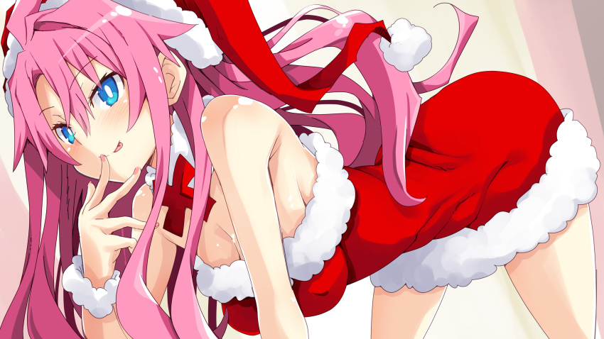 1girl absurdres artina_(disgaea) blue_eyes blush breasts cleavage disgaea hair_intakes hat highres iwashi_dorobou_-r- long_hair looking_at_viewer makai_senki_disgaea_4 medium_breasts pink_hair santa_costume santa_hat sidelocks smile solo tongue tongue_out