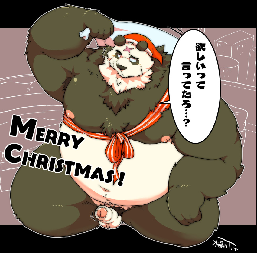 2022 anthro balls bear belly big_belly black_body christmas christmas_clothing christmas_headwear clothing erection genitals giant_panda hat headgear headwear hi_res holidays japanese_text kemono male mammal moobs nipples overweight overweight_male penis santa_hat small_penis solo suishou0602 text white_body