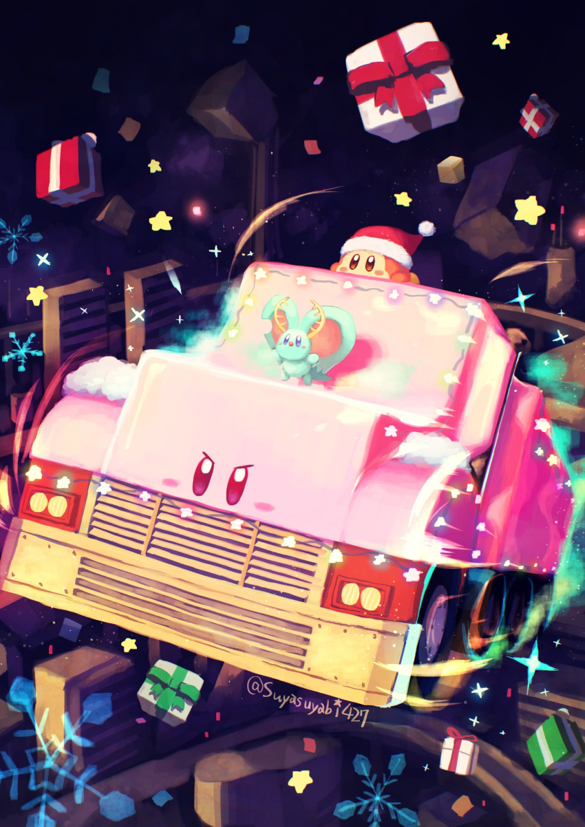 antlers bandana_waddle_dee big-rig_mouth building christmas christmas_lights cityscape cosplay elfilin fecto_elfilis fecto_elfilis_(cosplay) flying gift ground_vehicle hat highres highway kirby_(series) kirby_and_the_forgotten_land motor_vehicle mouthful_mode rubble santa_hat semi_truck skyscraper snowflakes sparkle star_(symbol) suyasuyabi truck twitter_username v-shaped_eyebrows