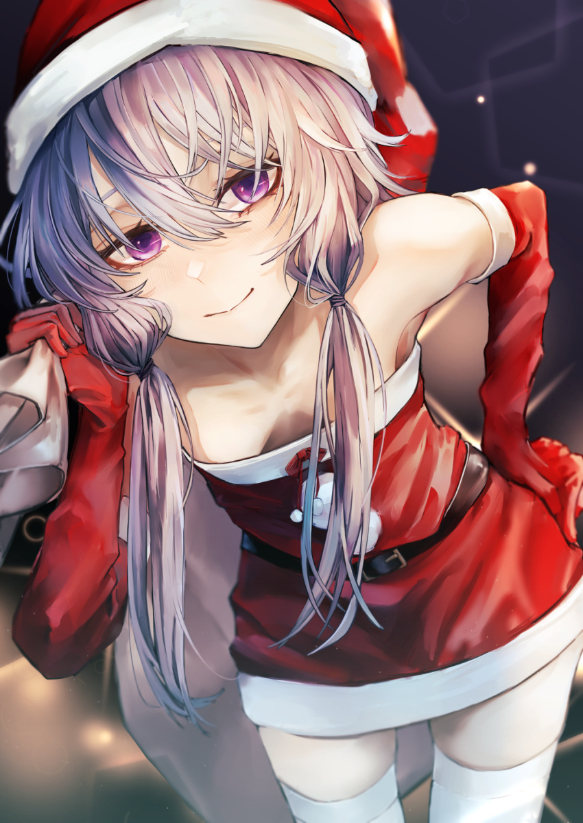 1girl bangs breasts cleavage closed_mouth cowboy_shot dress gloves hand_on_hip highres holding holding_sack looking_at_viewer purple_eyes purple_hair red_dress red_gloves red_headwear sack safutsuguon santa_costume sidelocks small_breasts solo standing thighhighs voiceroid white_thighhighs yuzuki_yukari