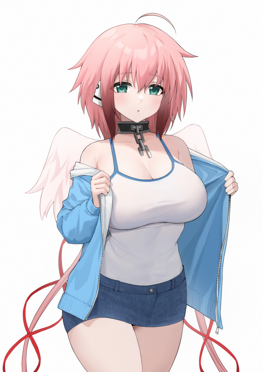 1girl :o absurdres ahoge bangs blue_jacket blue_skirt breasts camisole cleavage commentary_request denim denim_skirt feathered_wings green_eyes hair_between_eyes highres ikaros jacket large_breasts long_hair long_sleeves off_shoulder open_clothes open_jacket parted_lips pink_hair puffy_long_sleeves puffy_sleeves red_ribbon ribbon robot_ears simple_background skirt solo sora_no_otoshimono standing very_long_hair white_background white_camisole white_wings wings ying_jing_meng