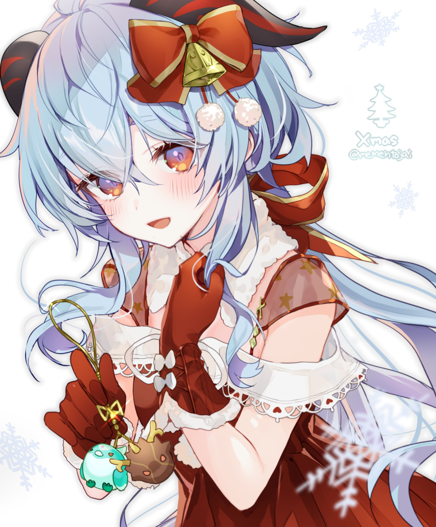 1girl bangs bell blue_eyes blue_hair blush christmas christmas_tree dress ganyu_(genshin_impact) genshin_impact gloves hair_between_eyes hair_ornament hair_ribbon highres horns long_hair looking_at_viewer memeno multicolored_eyes open_mouth ornament red_dress red_eyes red_ribbon ribbon santa_gloves simple_background smile solo twitter_username very_long_hair white_background