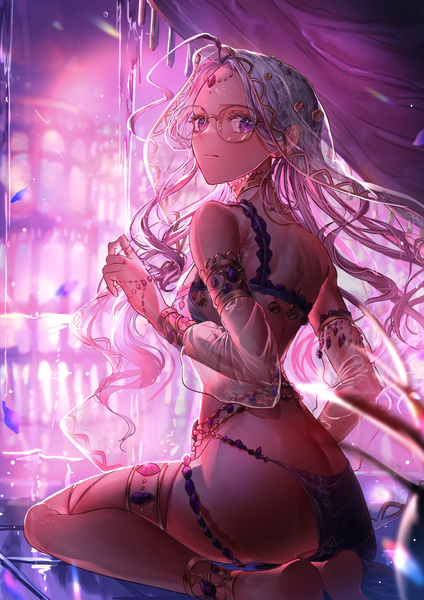 1girl absurdres anklet barefoot bracelet butt_crack detached_sleeves fate/extra fate_(series) glasses highres jewelry long_hair long_sleeves looking_back pink_hair purple_eyes rani_viii ring sanbon_hijiki see-through see-through_sleeves shoulder_blades sitting soles solo thighlet