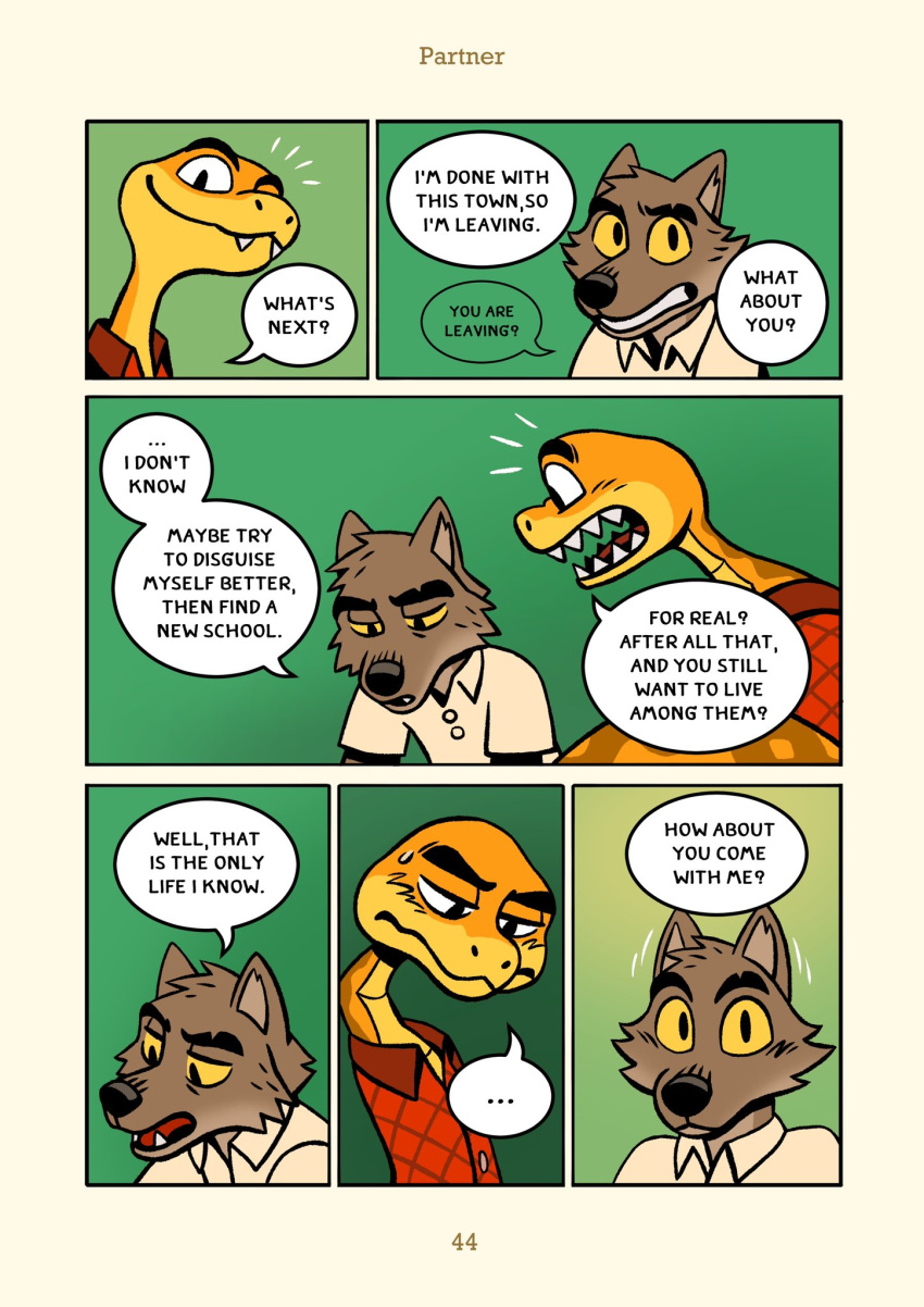 anthro canid canine canis comic dreamworks duo english_text feral hi_res male mammal mr._snake_(the_bad_guys) mr._wolf_(the_bad_guys) reptile saran_kit scalie snake speech_bubble text the_bad_guys wolf