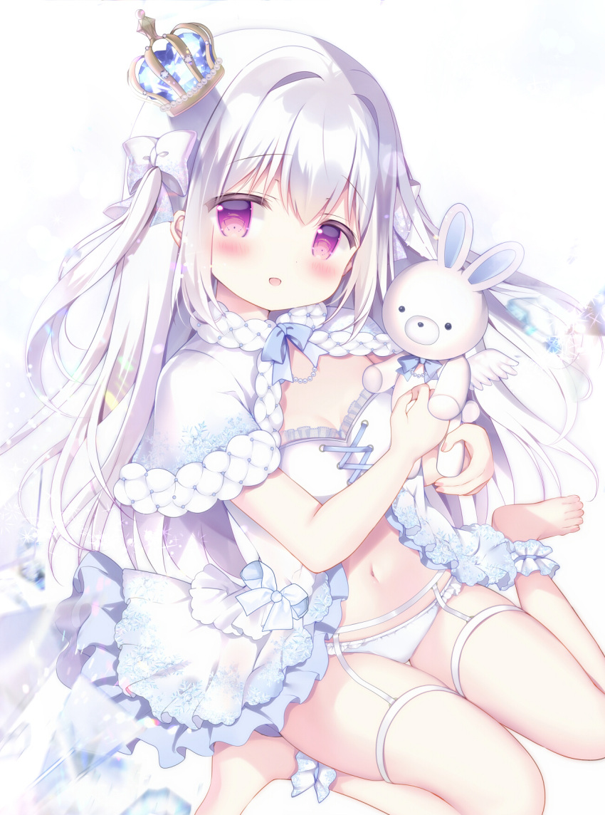 1girl :d azumi_kazuki babydoll bangs barefoot blush bow capelet commentary_request crown hair_between_eyes hair_bow highres holding holding_stuffed_toy long_hair looking_at_viewer mini_crown navel original panties purple_eyes sitting smile solo stuffed_animal stuffed_bunny stuffed_toy two_side_up underwear very_long_hair wariza white_background white_bow white_capelet white_hair white_panties