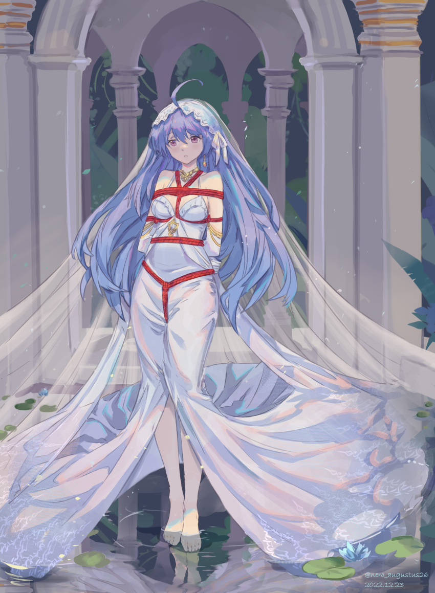 1girl absurdres ahoge arms_behind_back azur_lane barefoot bdsm blue_hair bondage bound bound_arms commentary_request dress earrings feet flower full_body helena_(azur_lane) highres jewelry lily_pad long_hair nero_augustus partially_submerged pillar purple_eyes shibari shibari_over_clothes solo standing veil water_lily_flower white_dress