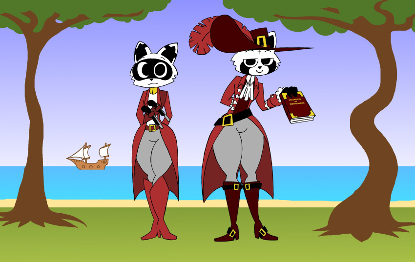 absurd_res anthro black_body boat book clothed clothing colonial colonization costume duo english_text hat headgear headwear hi_res looking_at_viewer male mammal multicolored_body plant procyonid raccoon rex_raccoon_(rexon02) rexon02 sea standing text tree two_tone_body vehicle water watercraft white_body