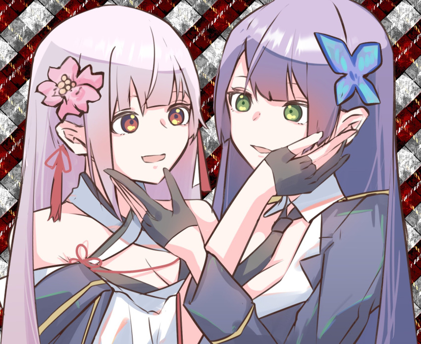 2girls assault_lily bangs bare_shoulders black_gloves black_necktie blue_jacket blunt_bangs breasts butterfly_hair_ornament cleavage commentary_request criss-cross_halter detached_collar detached_sleeves epaulettes eye_contact flower flower_knot funada_kiito funada_ui gloves green_eyes grey_background grey_hair hair_flower hair_ornament hair_ribbon half_gloves halterneck hand_on_another's_cheek hand_on_another's_chin hand_on_another's_face hand_up highres houji_tea_latte jacket japanese_clothes kimono long_hair long_sleeves looking_at_another medium_breasts multiple_girls necktie orange_eyes parted_lips partially_fingerless_gloves pink_flower plaid plaid_background purple_hair red_background red_ribbon ribbon siblings side-by-side sisters sleeves_past_elbows smile tassel tassel_hair_ornament two-tone_background upper_body white_kimono white_ribbon