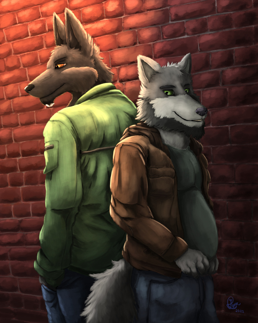 absurd_res anthro back_to_back beard black_body black_fur bottomwear brick_wall brown_clothing brown_eyes brown_jacket brown_topwear buddies canid canine canis clothing denim denim_clothing duo facial_hair floofy_tail friends fur green_clothing green_eyes green_jacket green_topwear grey_body grey_fur hex_(satanic-furry) hi_res highlights_(coloring) jackal jacket jeans leaning male mammal pants piercing shadow shirt slightly_chubby smile standing topwear wall_(structure) wolf yenoc yenocwolf yin_yang