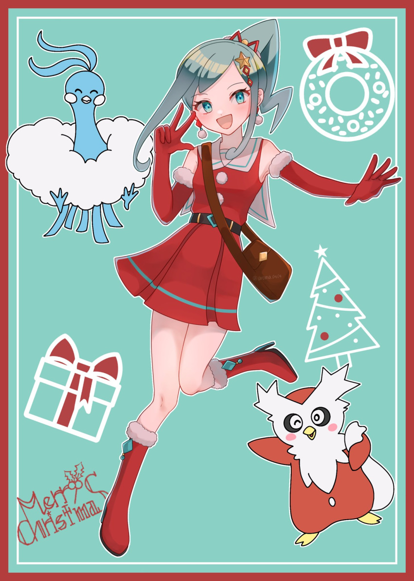 1girl :d altaria alternate_costume aroma_0404 bag bangs bare_shoulders boots border brown_bag commentary_request delibird dress earrings elbow_gloves framed gloves green_background green_eyes green_hair highres jewelry knees leg_up lisia_(pokemon) looking_at_viewer open_mouth pokemon pokemon_(creature) pokemon_(game) pokemon_oras red_border red_dress red_footwear red_gloves shoulder_bag sidelocks sleeveless sleeveless_dress smile w