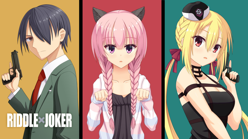 1boy 2girls animal_ears arihara_nanami arihara_satoru bangs beret black_dress black_hair black_headwear blonde_hair blush braid breasts brown_eyes cat_ears cleavage collarbone copyright_name dress expressionless eyelashes fake_animal_ears formal fringe_trim green_background green_suit gun hair_between_eyes hair_over_one_eye hair_ribbon handgun hat highres holding holding_gun holding_weapon hood hoodie joshi_kousei large_breasts long_hair looking_at_viewer mitsukasa_ayase multicolored_clothes multicolored_hoodie multiple_girls necktie open_clothes open_mouth paw_pose pink_eyes pink_hair raised_eyebrows red_background red_eyes red_necktie red_ribbon ribbon riddle_joker school_uniform short_hair side_braid sidelocks simple_background sleeveless sleeveless_dress small_breasts spy_x_family standing suit twin_braids twintails weapon yellow_background yuzu-soft