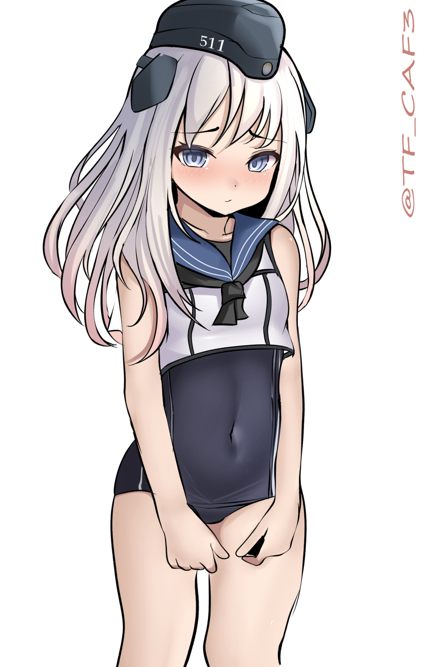 1girl absurdres black_headwear black_neckerchief black_one-piece_swimsuit blue_sailor_collar clothes_writing cosplay covered_navel cowboy_shot crop_top garrison_cap hat headgear highres kantai_collection long_hair looking_at_viewer neckerchief one-hour_drawing_challenge one-piece_swimsuit ro-500_(kancolle) ro-500_(kancolle)_(cosplay) sailor_collar school_swimsuit shirt shy simple_background sleeveless sleeveless_shirt solo swimsuit swimsuit_under_clothes tf_cafe twitter_username u-511_(kancolle) white_background