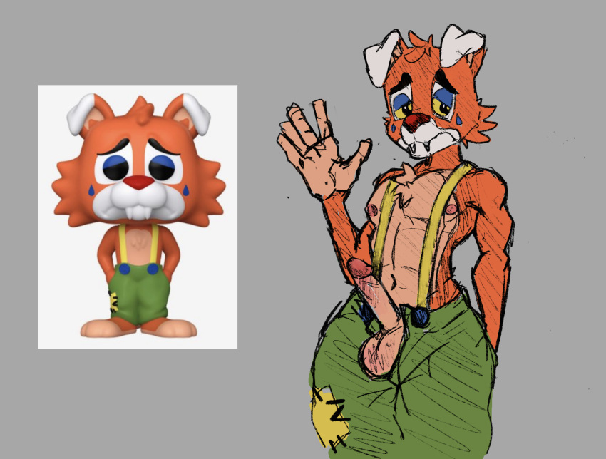 animatronic anthro balls canid canine circus_foxy_(fnaf) clothed clothing clown fangs five_nights_at_freddy's five_nights_at_freddy's:_security_breach fox foxy_(fnaf) funko_pop! fur genitals gesture hi_res humanoid looking_at_viewer machine male mammal marvofun muscular muscular_anthro muscular_male nipples open_bottomwear open_clothing orange_body orange_fur penis robot sad scottgames sketch solo suspenders teeth waving
