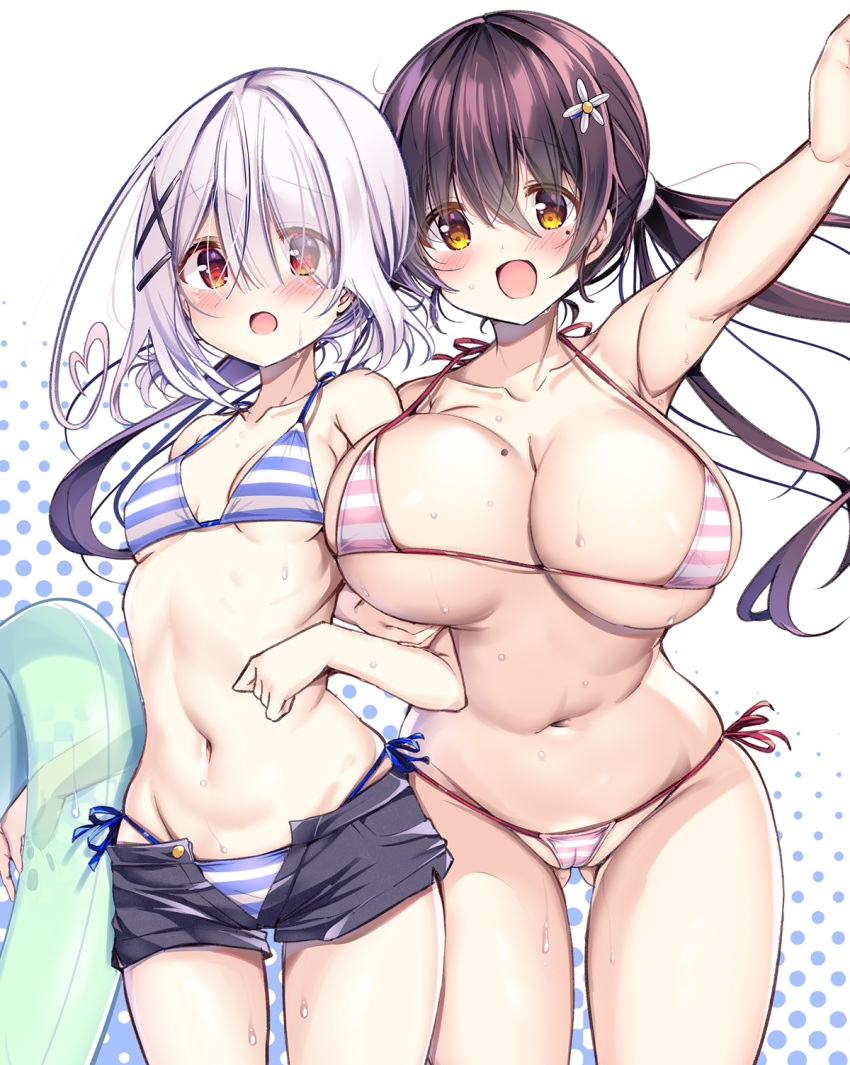 2girls :d arm_up armpits ass_visible_through_thighs bikini black_shorts blue_bikini breasts comic_cune commentary_request eyes_visible_through_hair flower gradient gradient_background hair_between_eyes hair_flower hair_ornament hair_over_one_eye highres kurou_(quadruple_zero) large_breasts looking_at_viewer micro_bikini mole mole_on_breast multiple_girls navel ninose_shizuku open_mouth pink_bikini polka_dot polka_dot_background red_eyes shirakawa_kokona shorts small_breasts smile stomach striped striped_bikini sweat swimsuit unbuttoned_shorts watashi_no_tame_ni_nuginasai! white_background x_hair_ornament