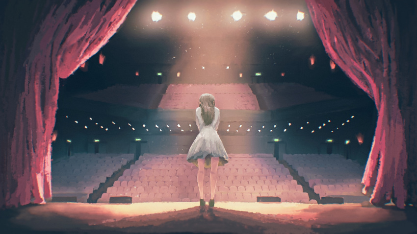 1girl black_hair bowing commentary_request dress highres indoors long_hair original saisho_(qpoujr) seat solo stage stage_curtains stage_lights theater white_dress