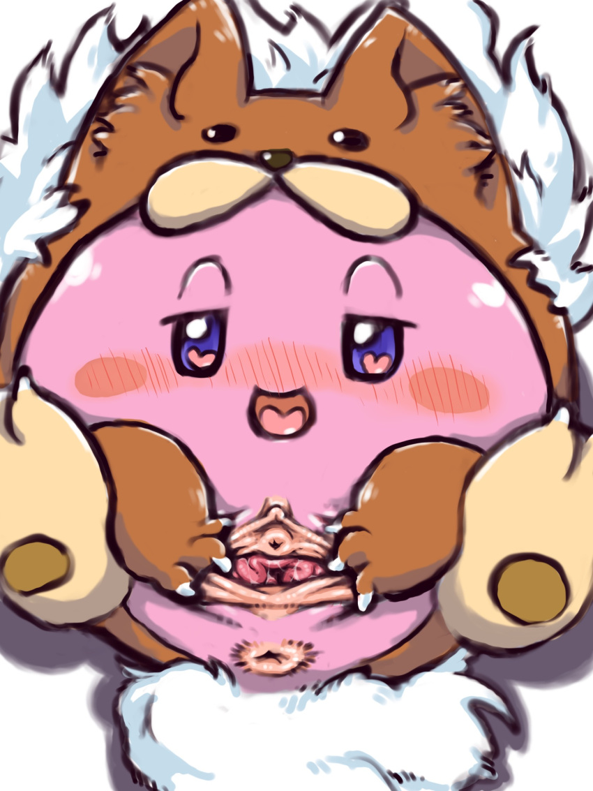 2022 animal_skin anus aroused bedroom_eyes blush blush_stickers bodily_fluids claws clitoris colored_sketch diru female front_view genital_fluids genitals heart_catchlight hi_res kirby kirby_(series) legs_up looking_at_viewer looking_up lying narrowed_eyes nintendo on_back open_mouth open_smile paws plantigrade presenting presenting_pussy purple_eyes pussy pussy_juice pussy_juice_string seductive simple_background sketch smile solo spread_pussy spreading urethra waddling_head white_background