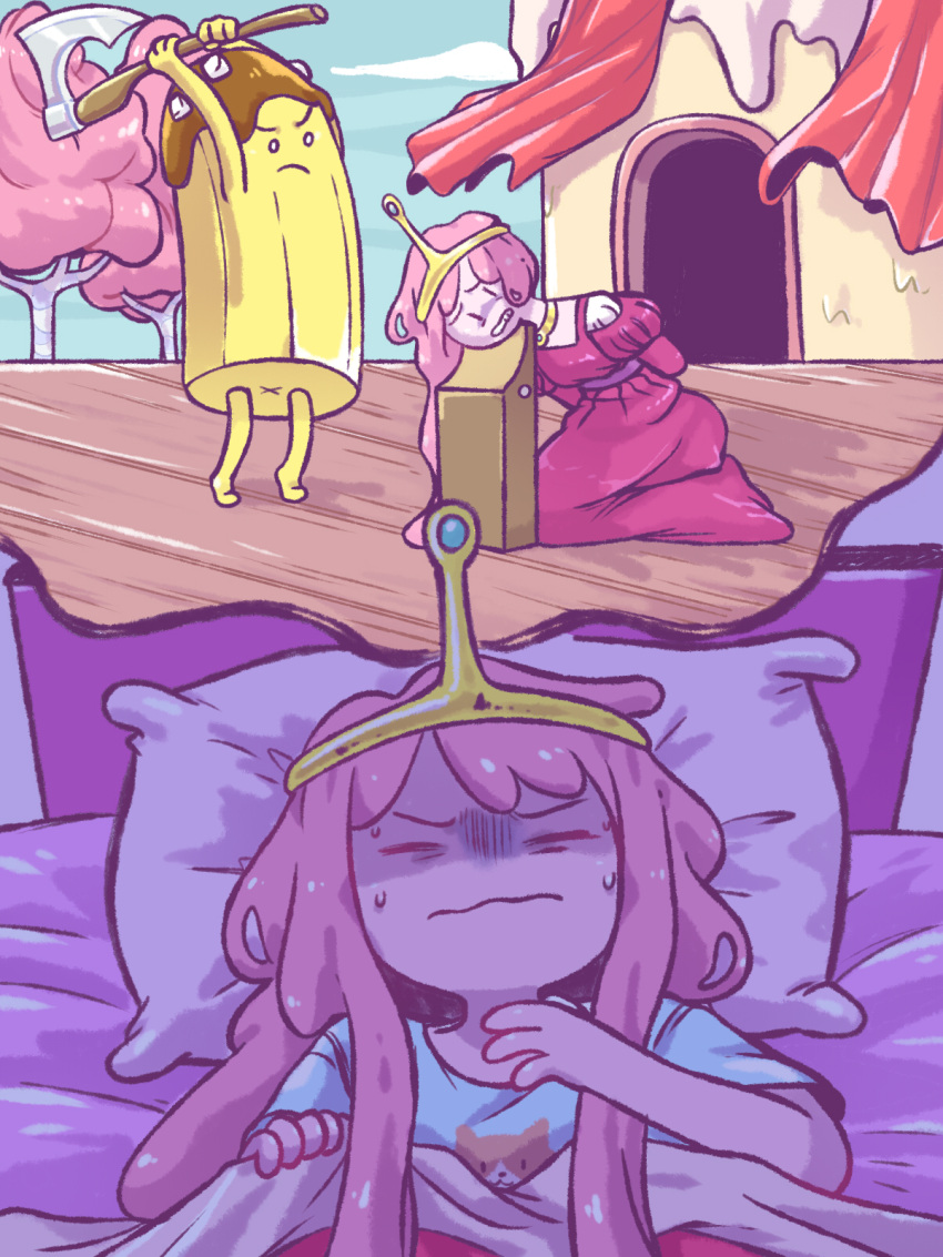 adventure_time axe banana_guard bed bedding blanket blanket_grab bodily_fluids candy cartoon_network chopping_block clothing crown decapitation dessert dream dress duo execution female food food_creature furniture hi_res humanoid jewelry kneeling living_candy male melee_weapon neck_grab necklace not_furry pillow plant princess princess_bubblegum royalty scared sleeping sweat tree unknown_artist weapon