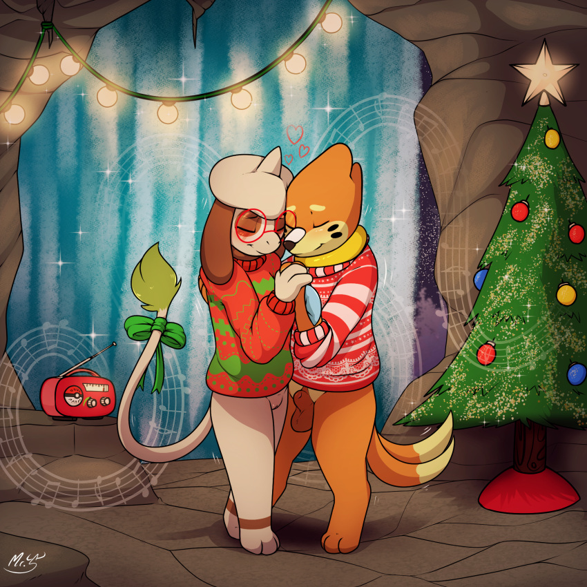 &lt;3 1:1 animal_genitalia anthro balls blush buizel cave christmas christmas_clothing christmas_lights christmas_sweater christmas_topwear christmas_tree clothed clothing detailed_background digital_media_(artwork) duo eyes_closed eyewear female fully_sheathed generation_2_pokemon generation_4_pokemon genitals glasses hi_res holidays kai_(mr.smile) male male/female mimi_(mr.smile) musical_note nintendo paws plant pokemon pokemon_(species) pussy radio sheath slow_dancing smeargle smile sweater topwear tree video_games waterfall