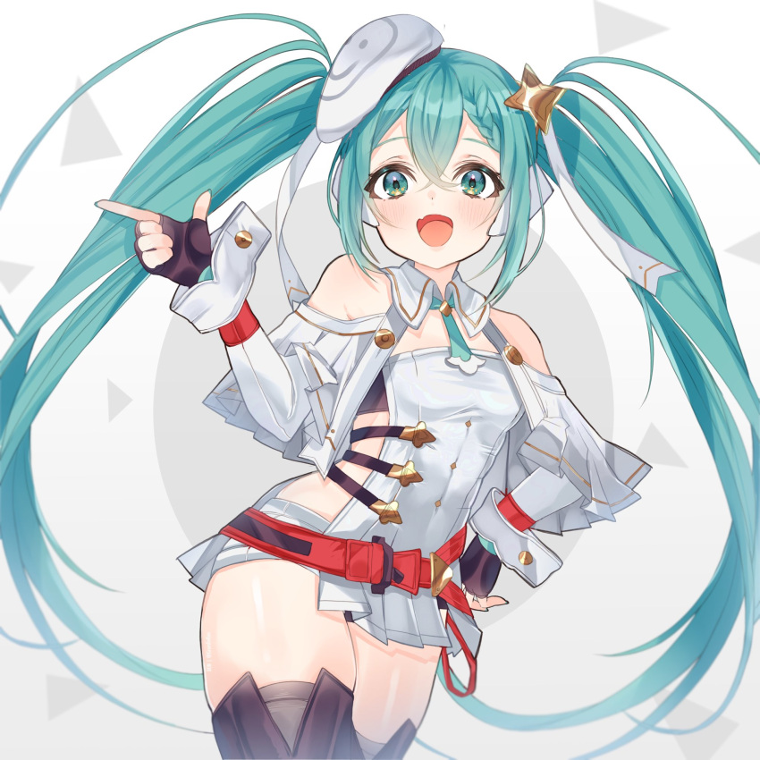 1girl belt beret blue_hair braid collar commentary fingerless_gloves gloves goodsmile_company goodsmile_racing hair_between_eyes hair_ornament hat hatsune_miku highres index_finger_raised medium_hair micro_shorts puni_bon racing_miku racing_miku_(2023) ribbon shorts sideless_outfit simple_background star_(symbol) thighhighs twintails vocaloid white_headwear