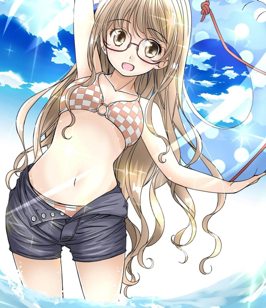 1girl arm_up bangs bikini blue_sky bra breasts brown-framed_eyewear brown_bra brown_eyes brown_panties checkered_bra checkered_clothes checkered_panties checkered_swimsuit cloud collarbone commentary day feet_out_of_frame glasses grey_shorts highres holding holding_innertube innertube light long_hair looking_at_viewer navel open_mouth original outdoors panties partially_submerged polka_dot shigyomusume short_shorts shorts sky solo swimsuit two-tone_bra underwear very_long_hair water wavy_hair