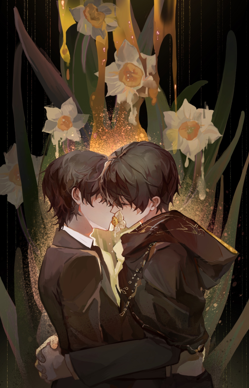 2boys abstract_background absurdres bangs black_cloak black_hair black_jacket chinese_commentary cloak closed_eyes cocozha commentary_request flower flower_in_mouth highres hug implied_yaoi jacket kiss klein_moretti lord_of_the_mysteries multiple_boys nail nectar plant selfcest shirt short_hair water_drop white_shirt