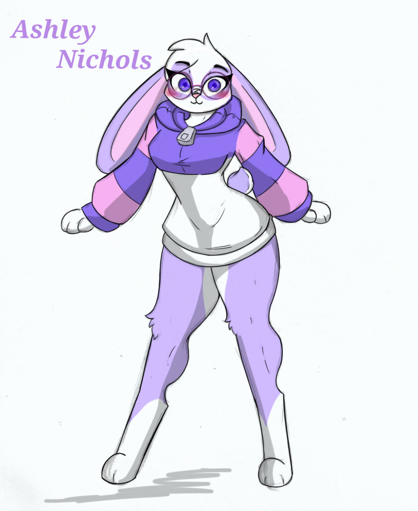 anthro ashley_nichols blush clothing eyewear female glasses hi_res hoodie long_ears pace-maker solo sweater thick_thighs topwear