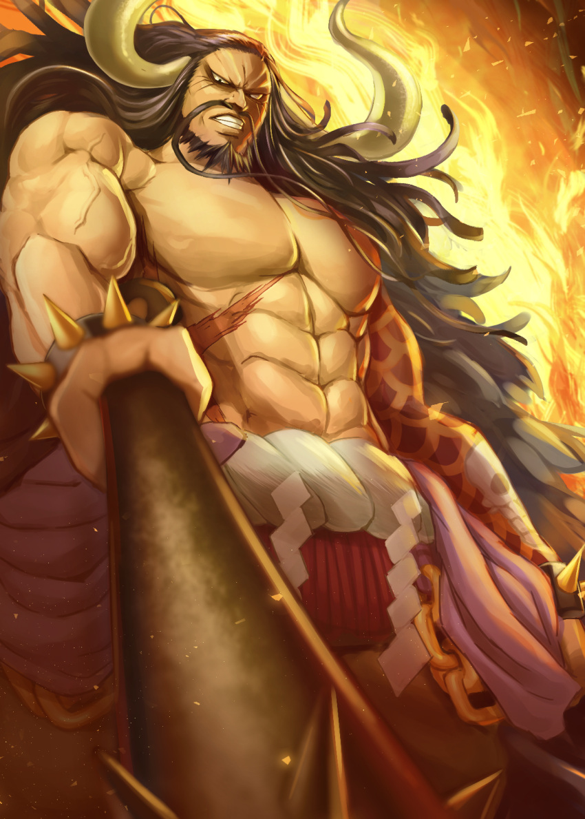 1boy abs arm_tattoo bare_shoulders beard biceps black_eyes black_hair bracelet chain clenched_teeth club_(weapon) commentary_request facial_hair fire floating_hair from_below highres holding holding_weapon horns jewelry kaidou_(one_piece) kanabou light_particles long_hair looking_at_viewer male_focus mustache one_piece pectorals rope scar scar_on_stomach shide shimenawa shou_daizu solo spiked_bracelet spiked_club spikes standing tattoo teeth topless topless_male v-shaped_eyes veins weapon