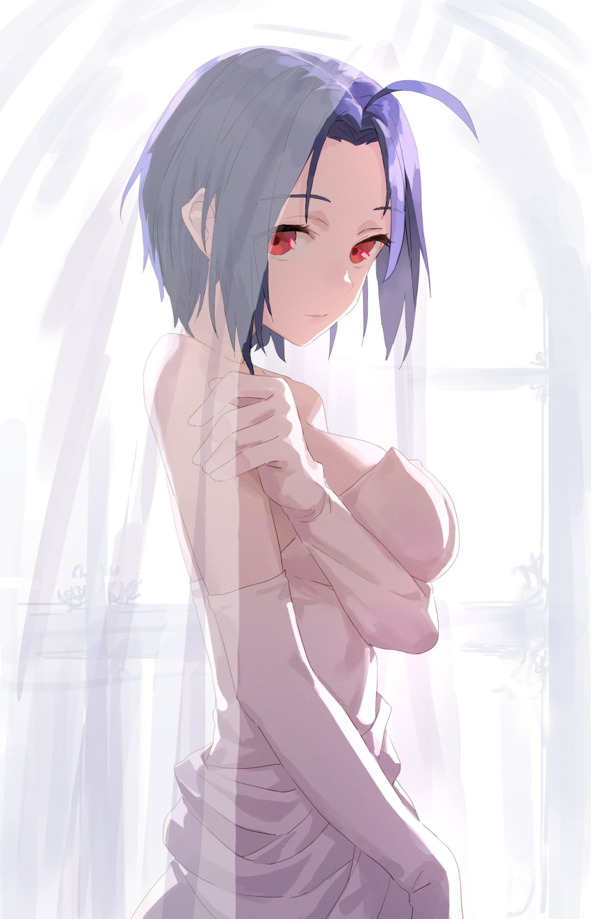 1girl absurdres ahoge bangs bare_shoulders blue_hair breasts dark_blue_hair dress elbow_gloves forehead gloves highres idolmaster idolmaster_(classic) idolmaster_million_live! large_breasts looking_at_viewer looking_to_the_side miura_azusa parted_bangs red_eyes short_hair solo strapless strapless_dress tesin_(7aehyun) wedding_dress white_dress white_gloves
