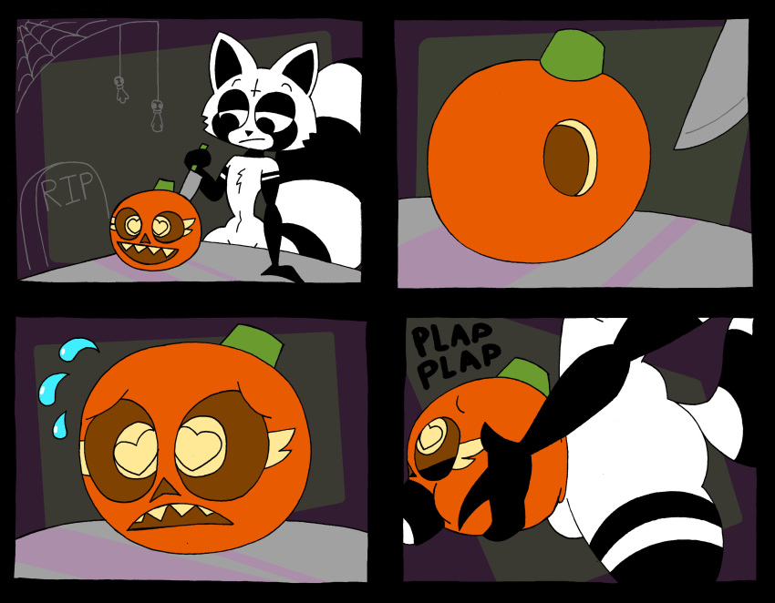 &lt;3 &lt;3_eyes absurd_res animate_inanimate anthro black_body comic duo food fruit genitals halloween hi_res holidays knife male mammal multicolored_body penetration penis plant procyonid pumpkin raccoon rex_raccoon_(rexon02) rexon02 small_waist thick_thighs two_tone_body white_body wide_hips