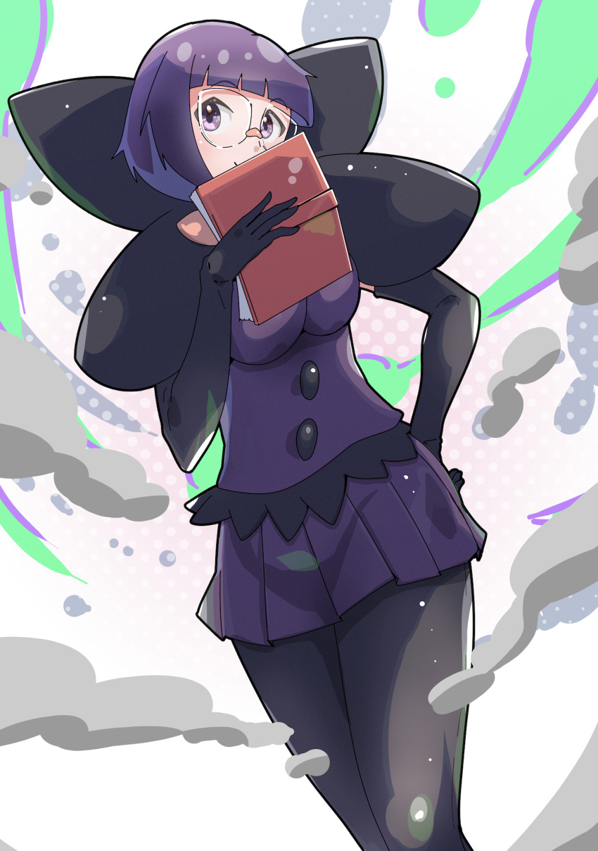 1girl bangs black_bow black_pantyhose blunt_bangs bob_cut book bow bowtie breasts elbow_gloves glasses gloves hand_on_hip highres hime_cut holding holding_book large_bow large_breasts masamu_(leonore69) pantyhose pokemon pokemon_(game) pokemon_bw pokemon_bw2 purple_eyes purple_hair purple_skirt shauntal_(pokemon) short_hair skirt