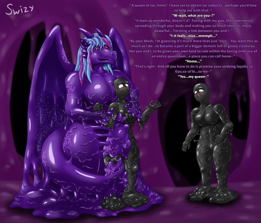 absurd_res assimilation cybernetics cyborg dragon female goo_(disambiguation) goo_creature goo_dragon goo_dripping goo_transformation gooborg goop goopy gynomorph hi_res intersex machine melting purple_body purple_dragon queen_vinyl_da.i'gyu-kazotetsu swizy tar tar_creature tar_slime tara_(elizabethwinterwolf) transformation