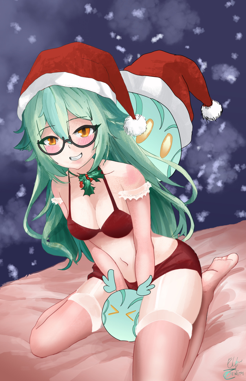 1girl absurdres bed bed_sheet between_legs bra christmas daawnu genshin_impact glasses green_hair grin hand_between_legs hat highres mistletoe on_bed orange_eyes panties red_bra red_panties santa_hat self_upload sitting slime_(genshin_impact) smile snow snowflakes solo sucrose_(genshin_impact) thighhighs underwear wariza