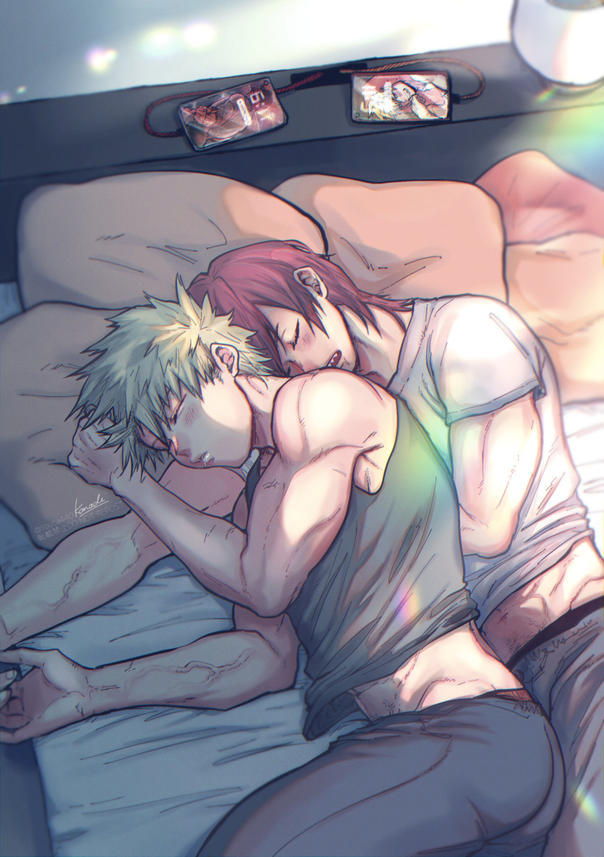 2boys absurdres bakugou_katsuki bed black_pants blonde_hair blush boku_no_hero_academia closed_eyes closed_mouth green_tank_top grey_pants highres kirishima_eijirou lying male_focus multiple_boys muscular muscular_male on_bed on_side pants phone pillow red_hair shirt short_hair sleeping souta_(souta440) spiked_hair tank_top white_shirt